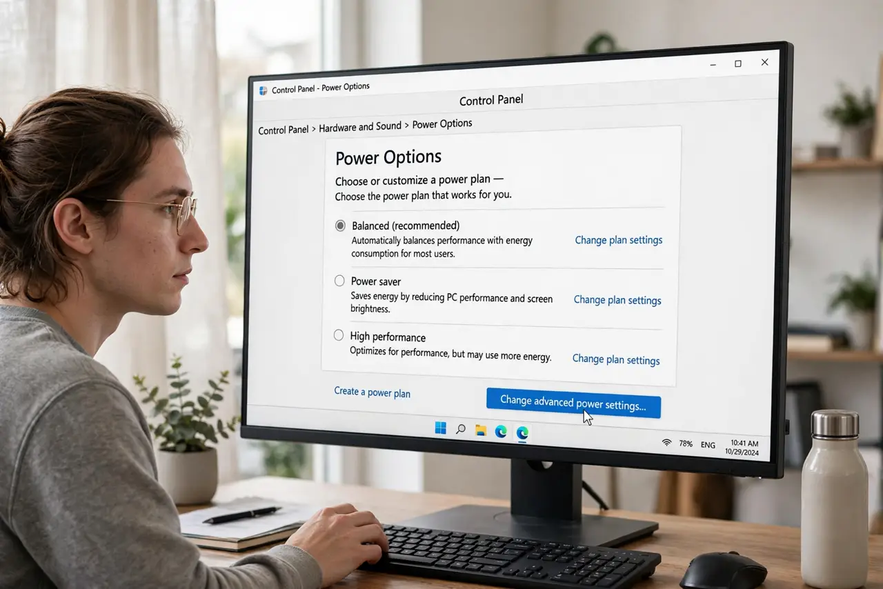 A person performing step 1: Open the advanced power settings.
