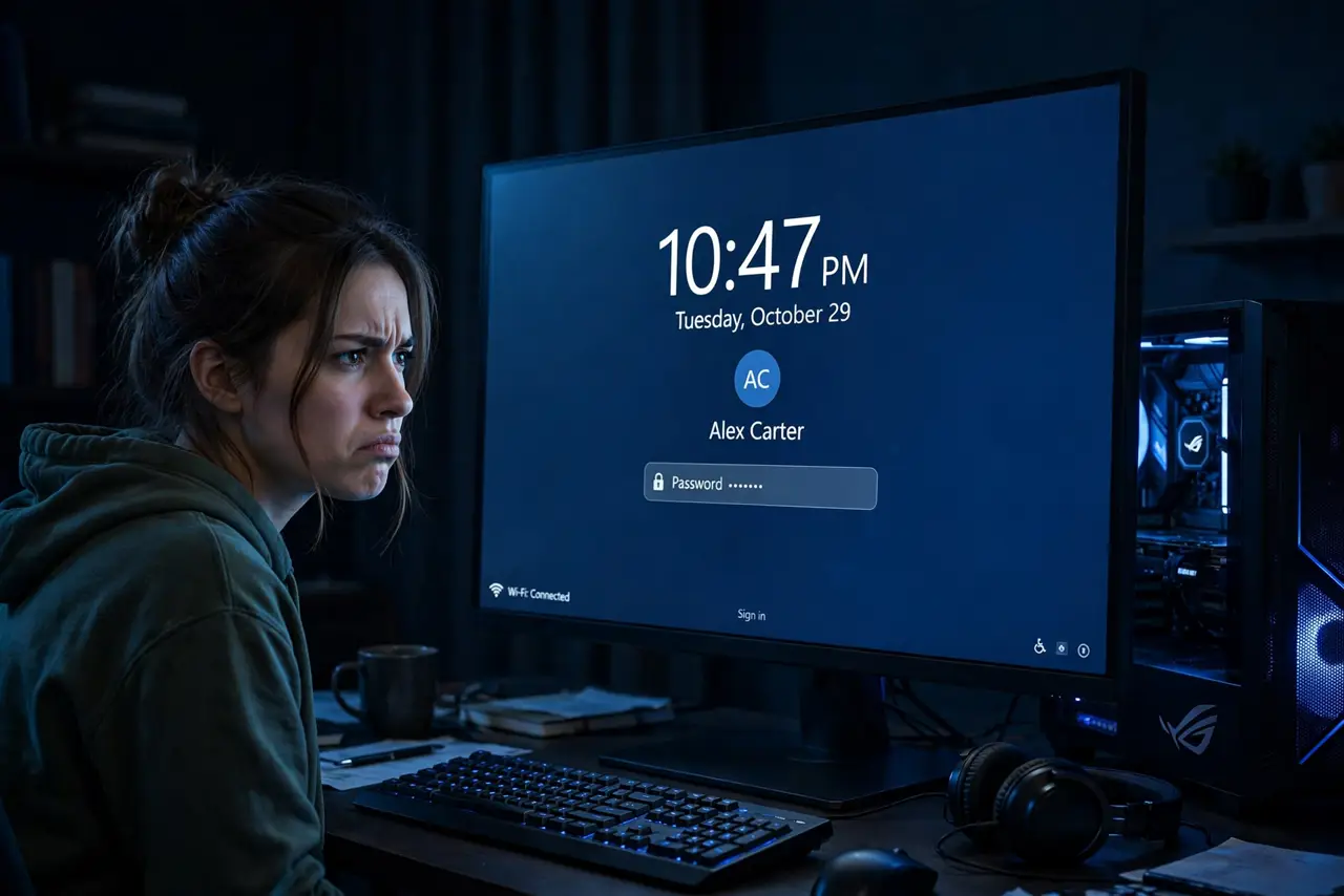 A person looking at a desktop PC glowing awake in a dark room at night, the monitor showing the lock screen fully legible, the person's face annoyed.