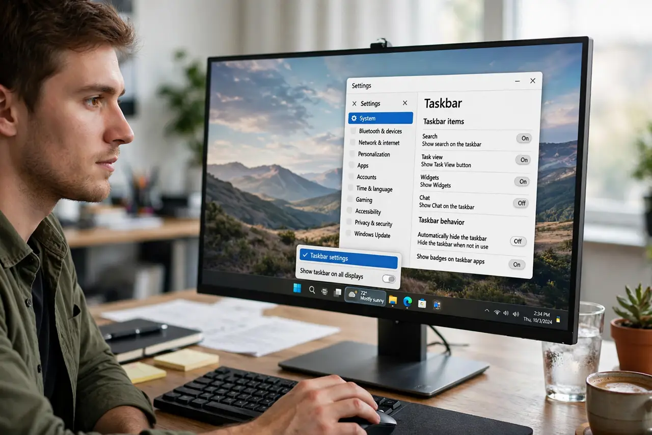 A person performing the first step: Open Taskbar settings. Right-click an empty spot on the taskbar and choose Taskbar.