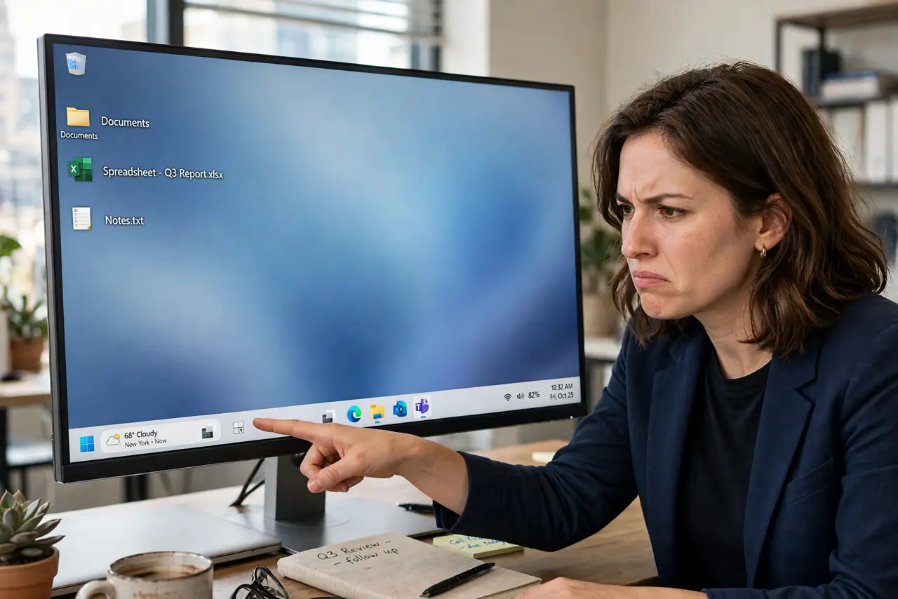 A person pointing at the weather widget on a real Windows taskbar with the taskbar clearly visible and legible, the