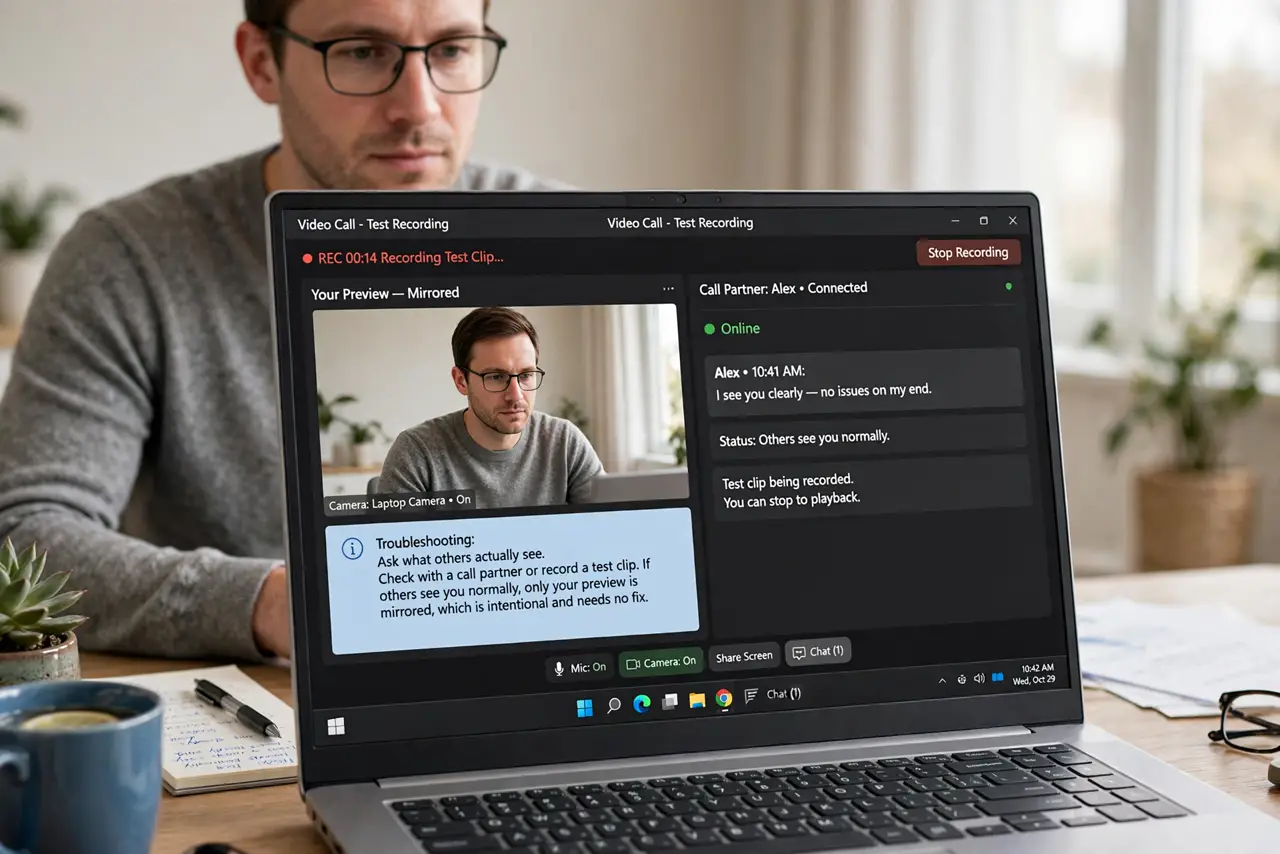 A person performing step 1 of the guide: Ask what others actually see. Check with a call partner or record a test clip. If others see you normally, only your preview is mirrored,...