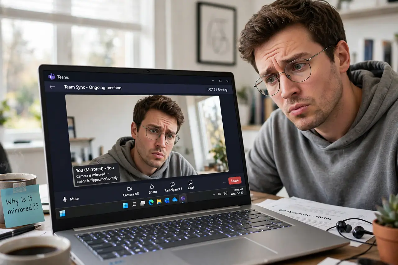 a real person on a video call at a desk, their webcam image visibly mirrored on the real monitor with fully legible call interface text, the person tilting their head at the odd image with a puzzled expression.