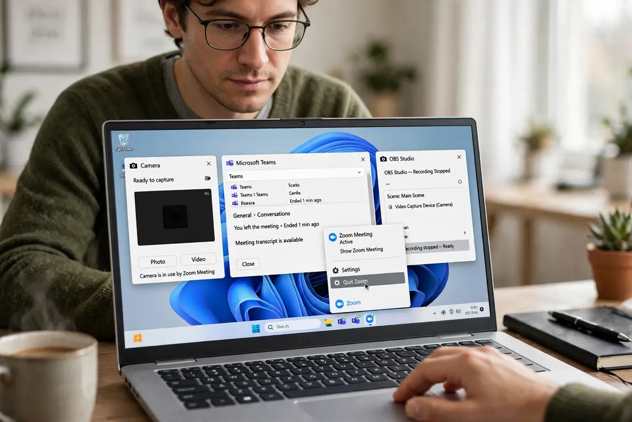A person performing step 1 of the guide: Close the obvious camera apps. Quit every video call app, the Camera app, and any recording software. The holder is often an app you forg...