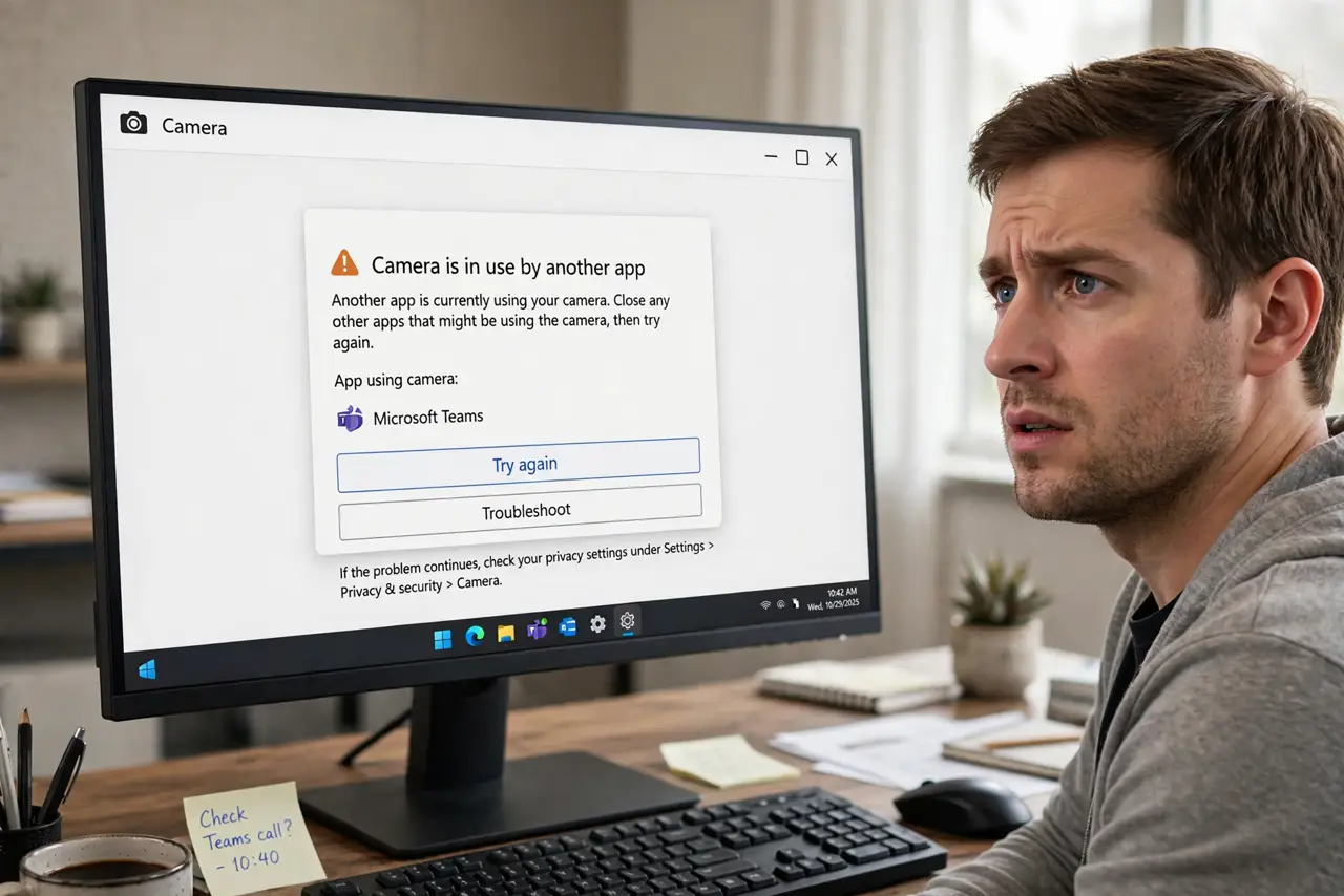 a real person at a desk looking at the Windows Camera app on a real monitor, the camera used by another app error fully legible on screen, the person looking around for the culprit app with a puzzled expression.