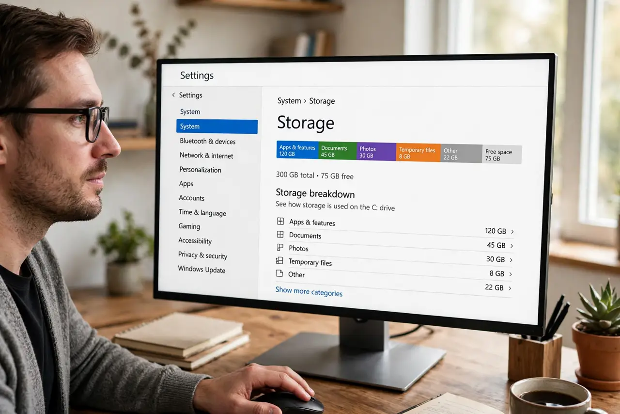 A person performing the first step: Open the Storage breakdown. Go to Settings > System > Storage. The colored bar.