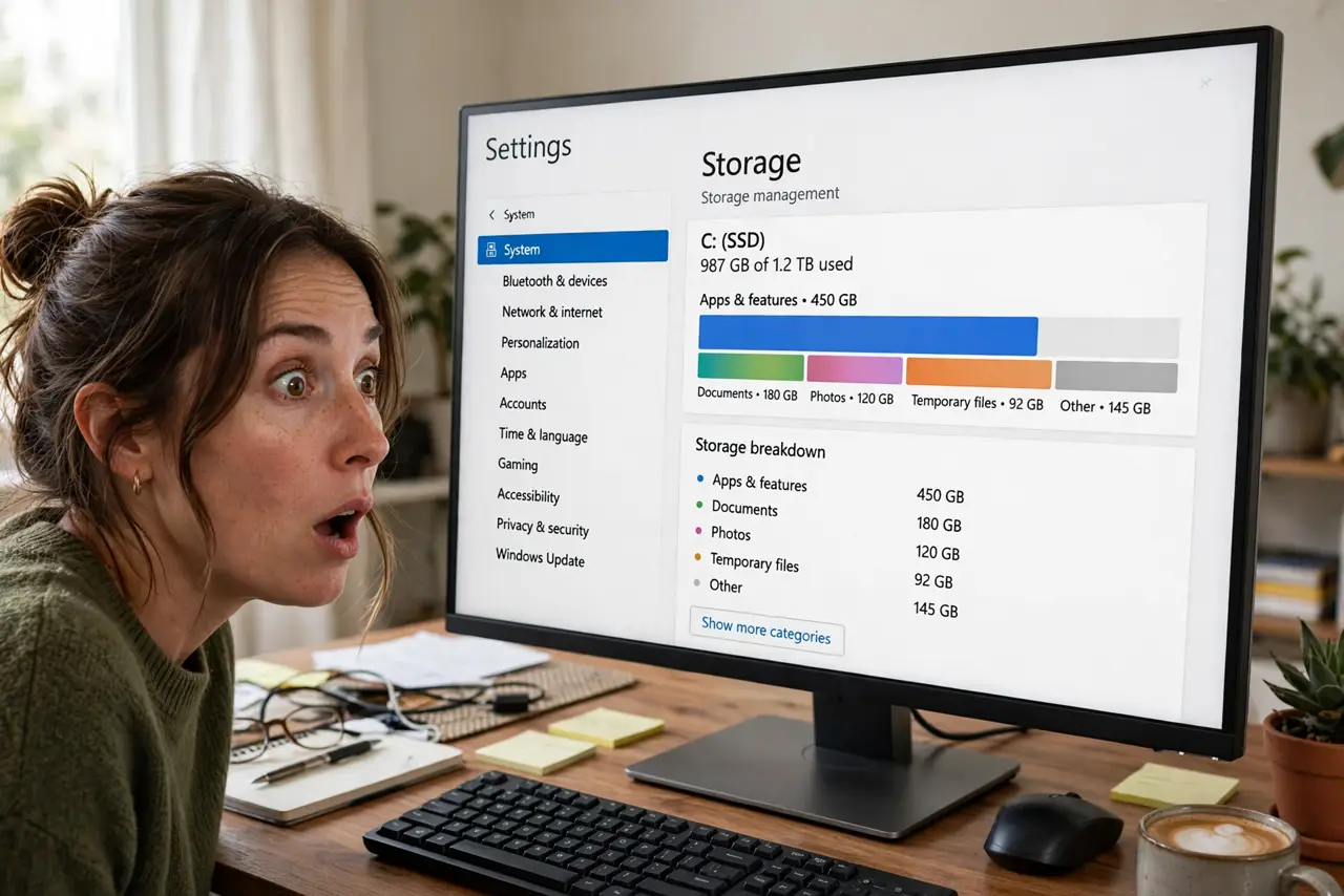 A person looking at a real Windows desktop monitor showing Storage settings with a legible colored bar breakdown of