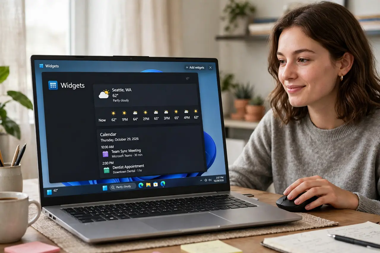 a person using a real Windows PC with the Widgets board open showing weather and calendar widgets legibly, the person's hand on the mouse, face satisfied, ho...