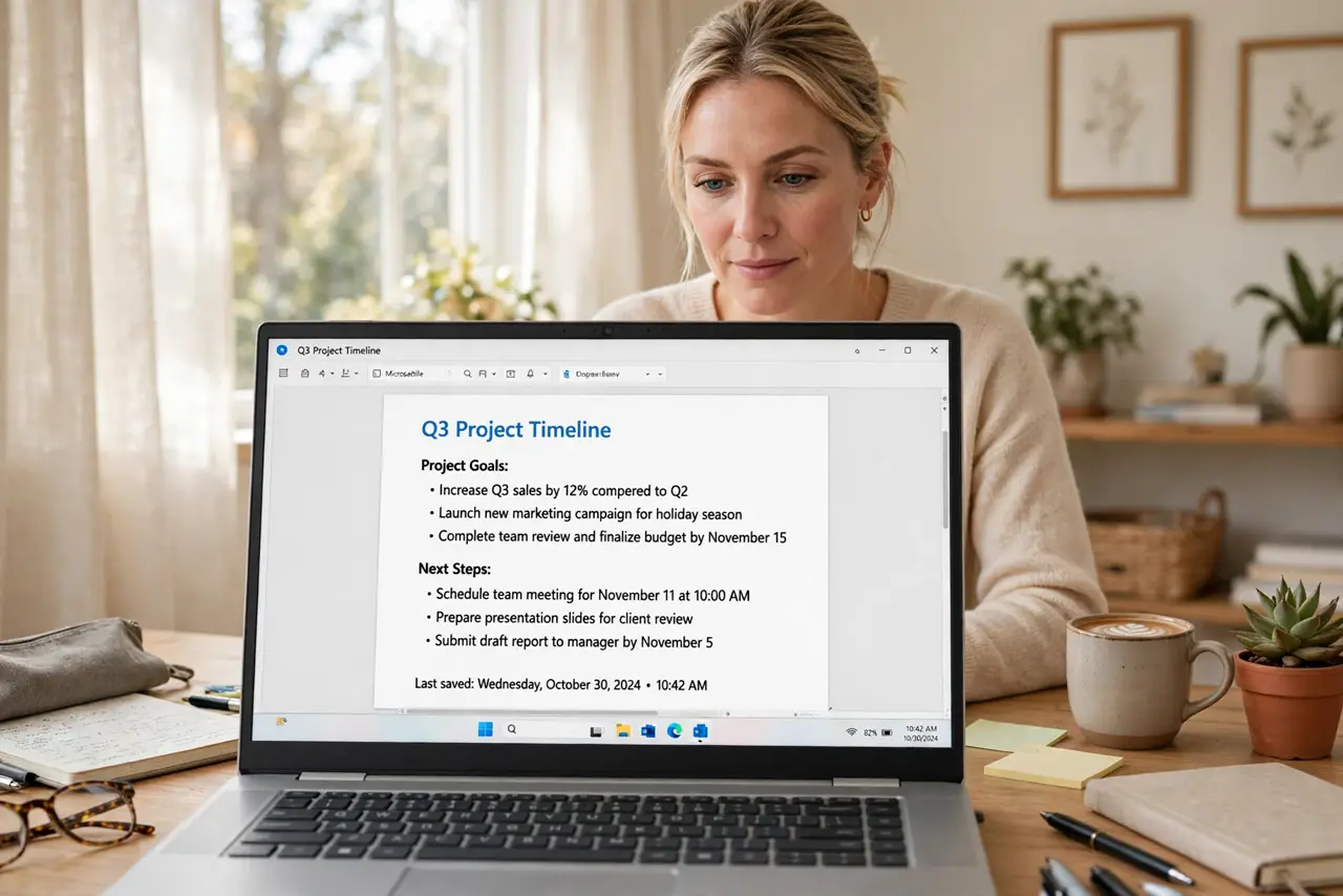 a person at a real Windows PC with a clean taskbar and no widgets panel visible, the person's face calm, home office.