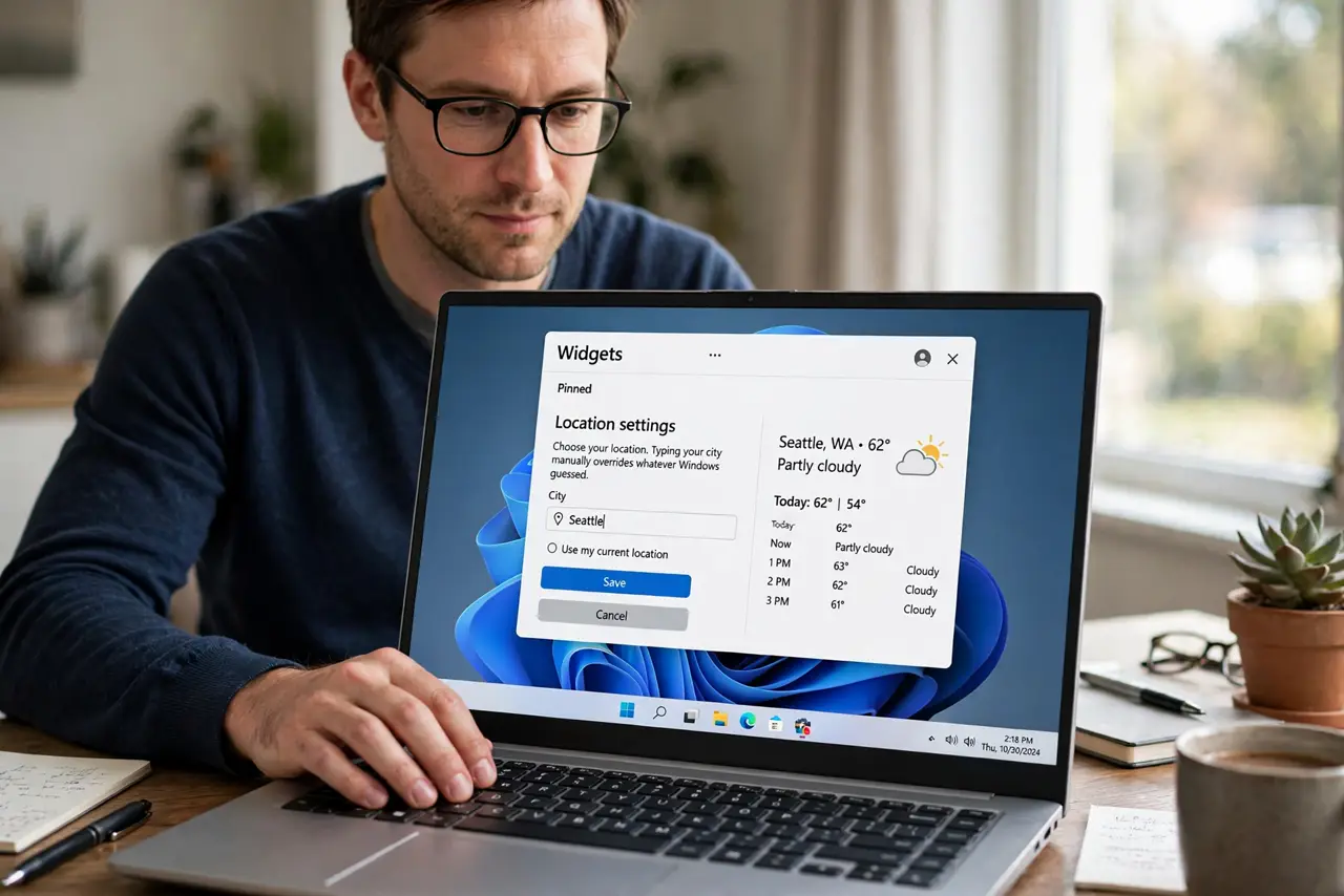A person performing step 1 of the guide: Set the location in the widget. Open the widgets board, click the weather widget's menu, and look for location settings. Typing your city...