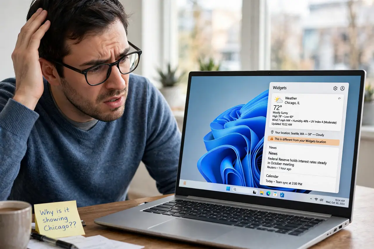 a puzzled adult looking at a real Windows widgets board showing weather for the wrong city with fully legible text, the person shaking their head.