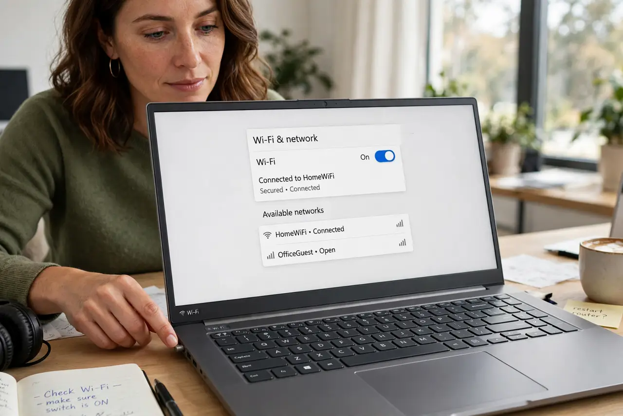 A person performing the first step: Check the physical switch and function key. Many laptops have a Wi-Fi toggle on the.