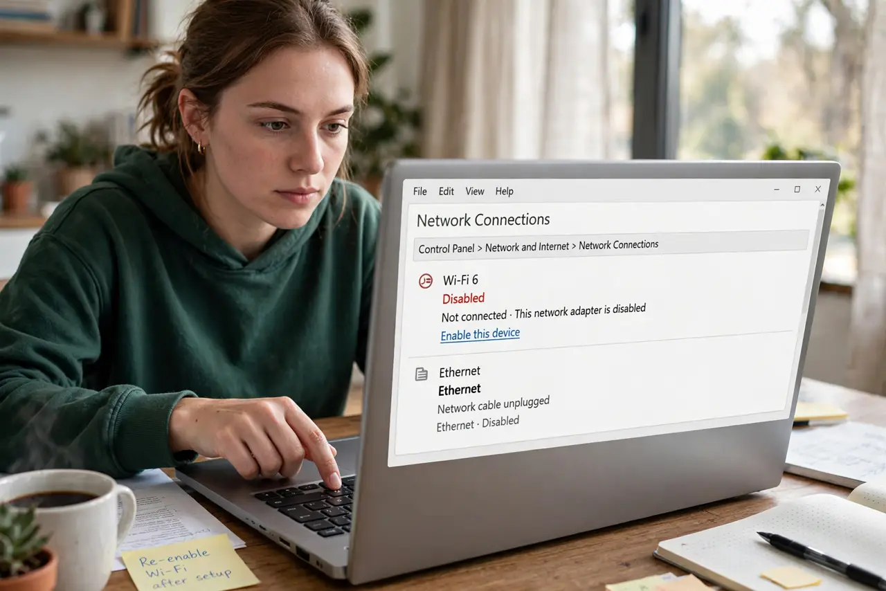 A person pressing function keys on a real Windows laptop keyboard, the network settings window showing a disabled