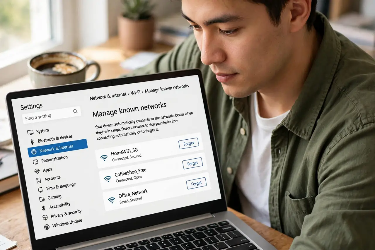 A person performing the first step of the guide: Open the known networks list.