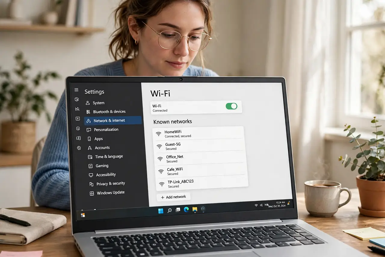 a person using a real Windows laptop with the Wi-Fi settings open showing a list of known networks with legible names, the person's face focused, home office.