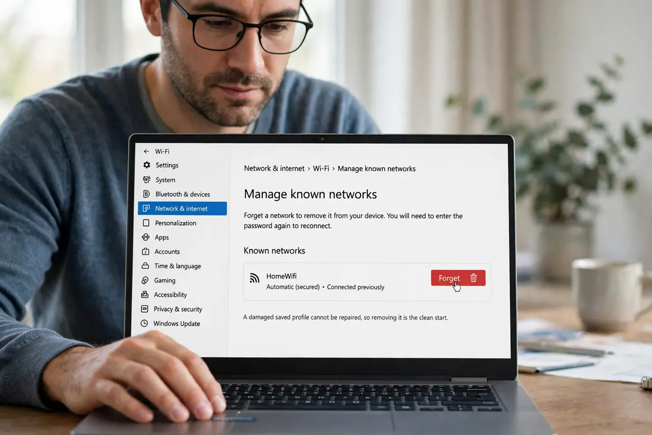 Windows Forgets a Wi-Fi Network Every Week? Fix It — step 1 being performed on the device.