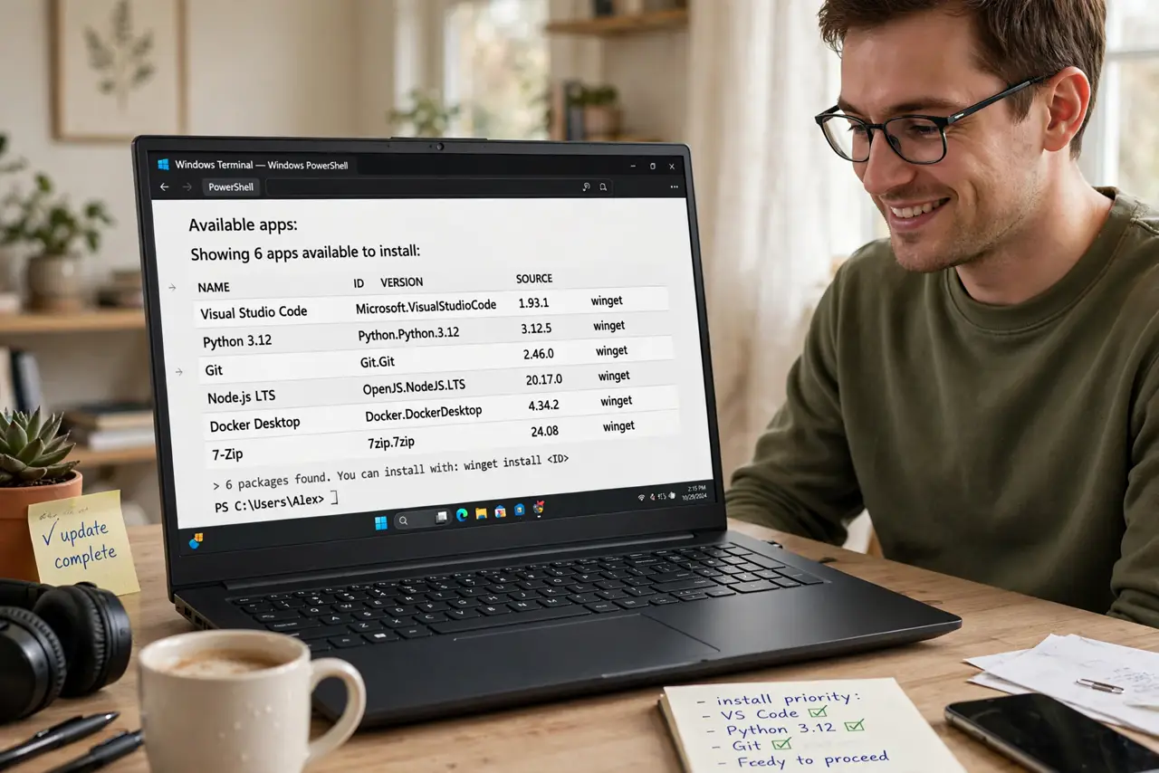 a person at a real Windows PC, the screen showing a terminal window with a legible list of installable apps, the person's face relieved, home office desk.