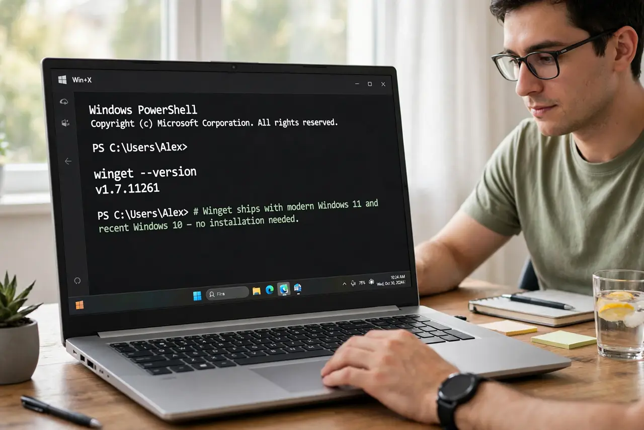 A person performing the guide's first step: Open Terminal. Right-click Start and choose Terminal (or press Win+X). Winget ships with modern Windows 11 and recent Windows 10 — no…