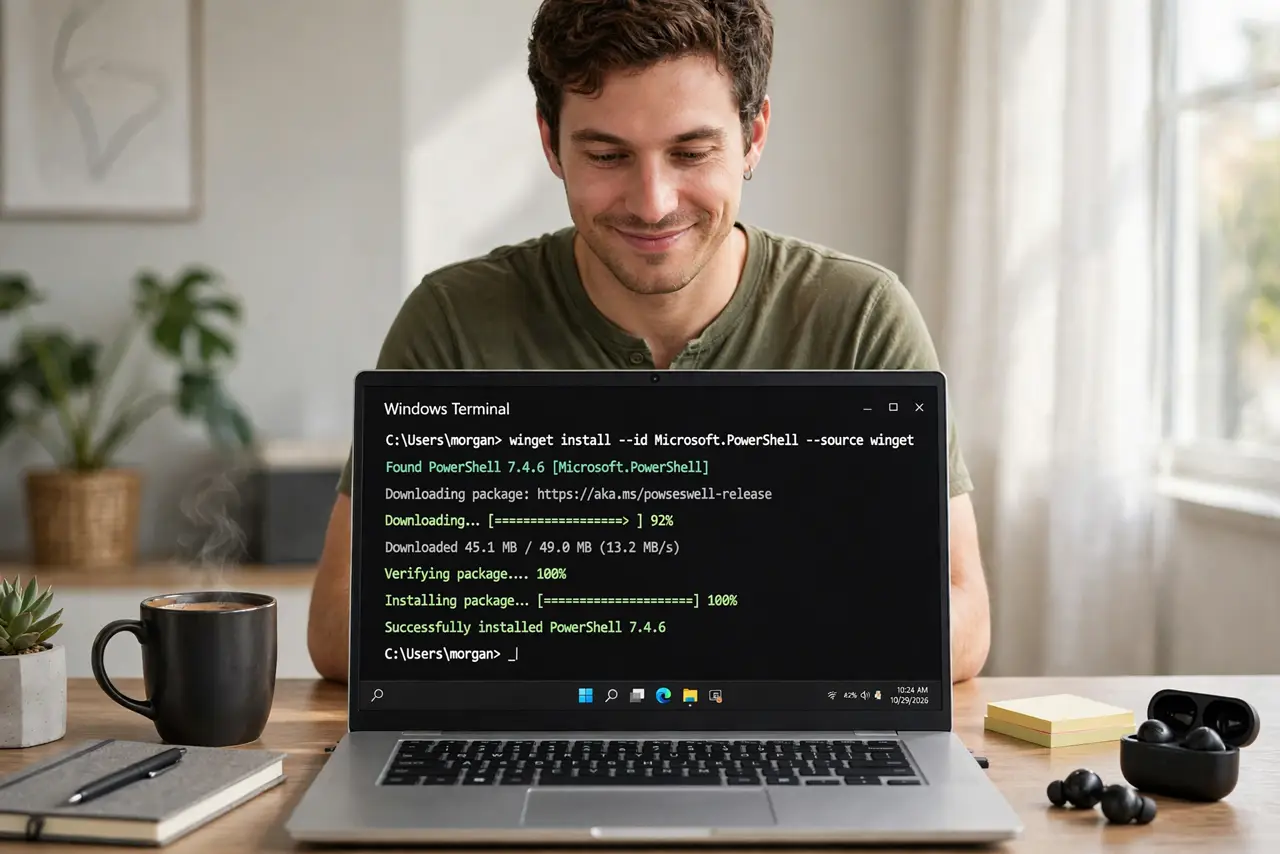 A person at a desk with a real PC showing Windows Terminal with a legible winget install command and progress, the person's face satisfied, clean new desk setup..