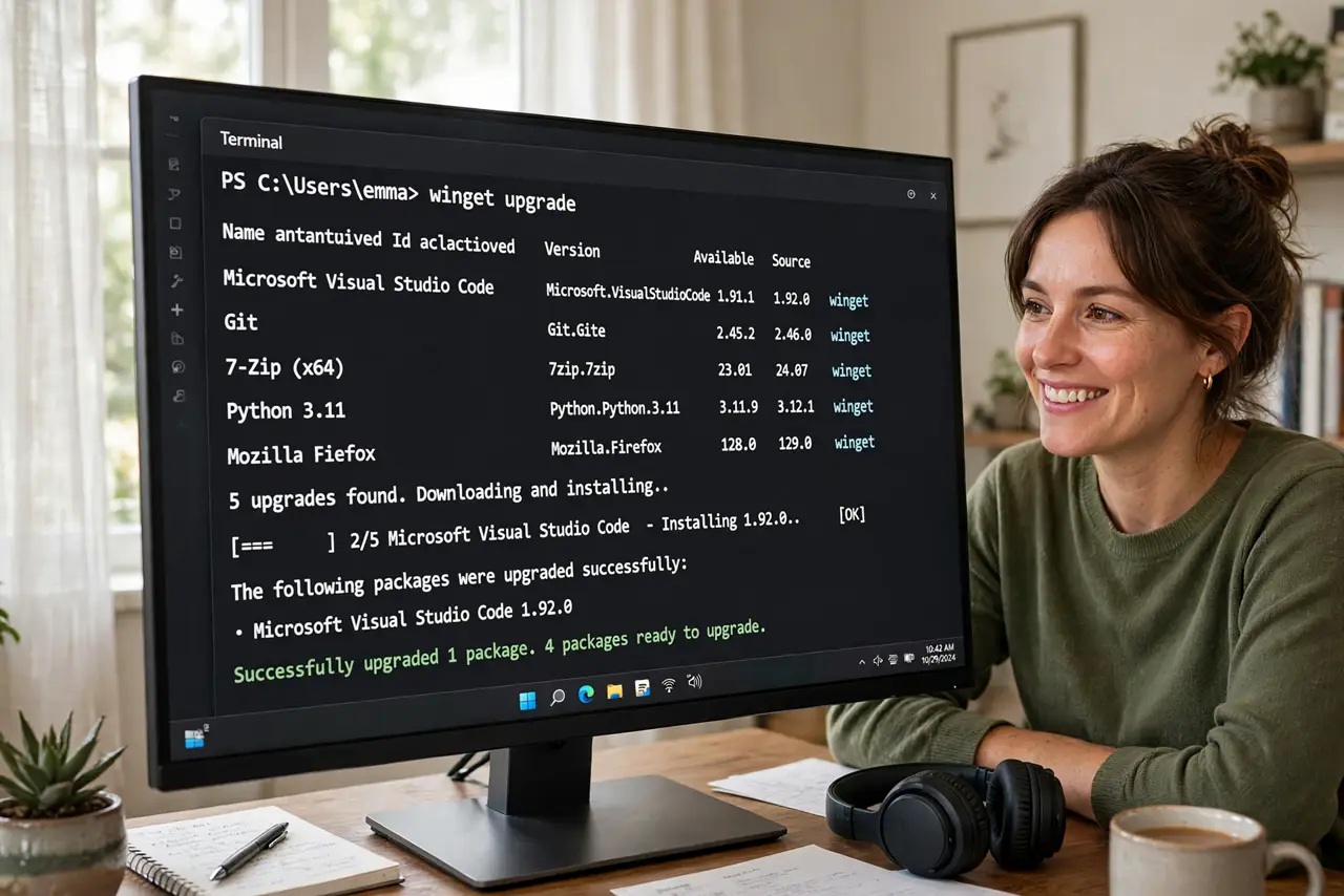 A person at a real Windows 11 PC, the monitor showing a terminal running a winget upgrade with a list of apps fully legible, the person's face satisfied, home office.