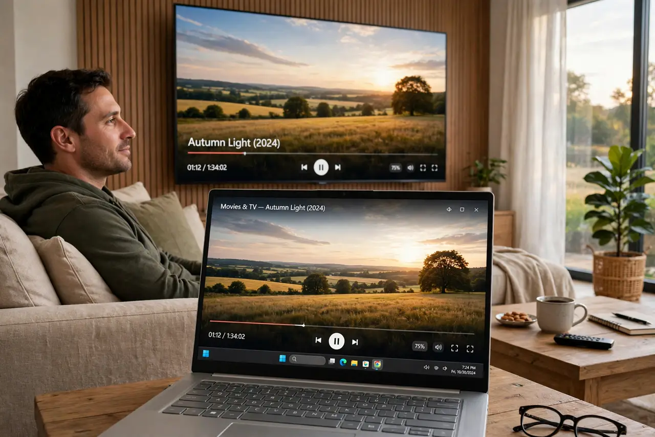 A man watching a movie on a large TV showing a Windows laptop screen mirrored with a film playing legibly, laptop on the coffee table, face relaxed, living…