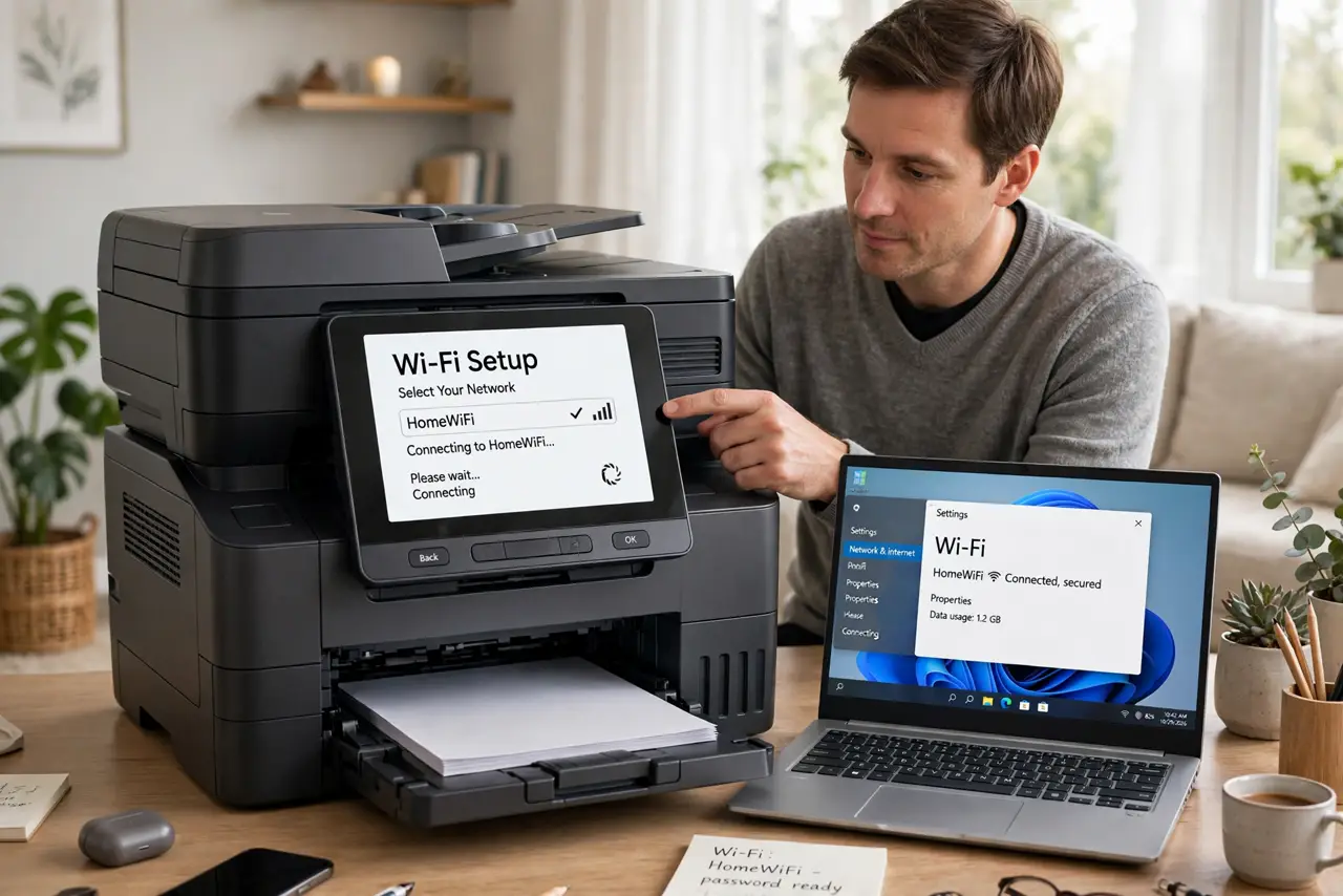 A person performing the first step: Connect the printer to Wi-Fi first. Use the printer's display panel or WPS button.