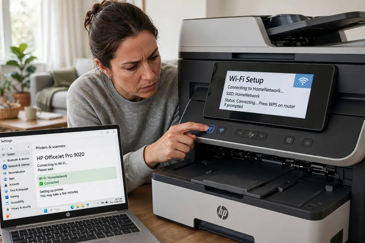 A person pressing the Wi-Fi button on a real wireless printer with its small display showing legible setup text, a