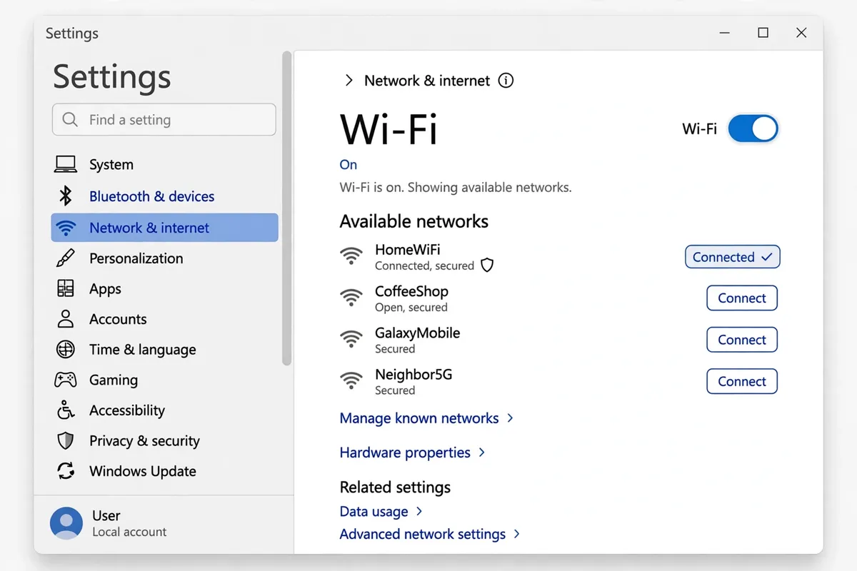Windows Settings Wi-Fi screen showing available networks and the Manage known networks option.