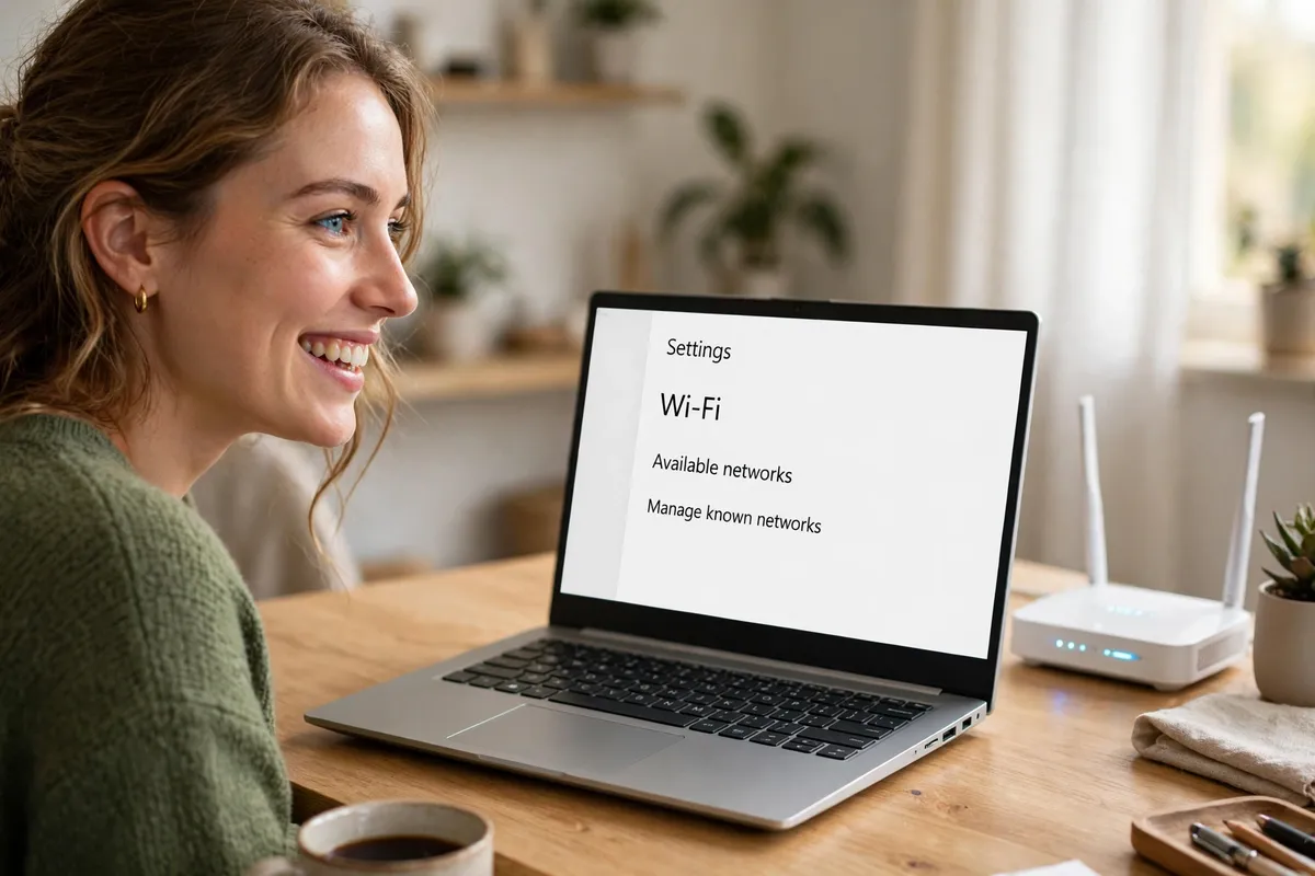 A woman smiling at a laptop showing Windows Wi-Fi settings with Available networks and Manage known networks, beside a white Wi-Fi router with its light on.