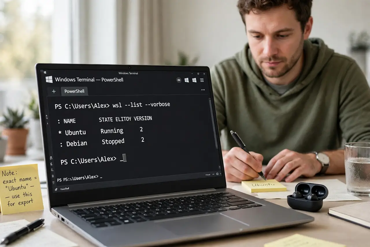 A person performing the guide's first step: List your distros. Open Terminal and run wsl --list --verbose to see installed distros and their states. Note the exact name — the export…