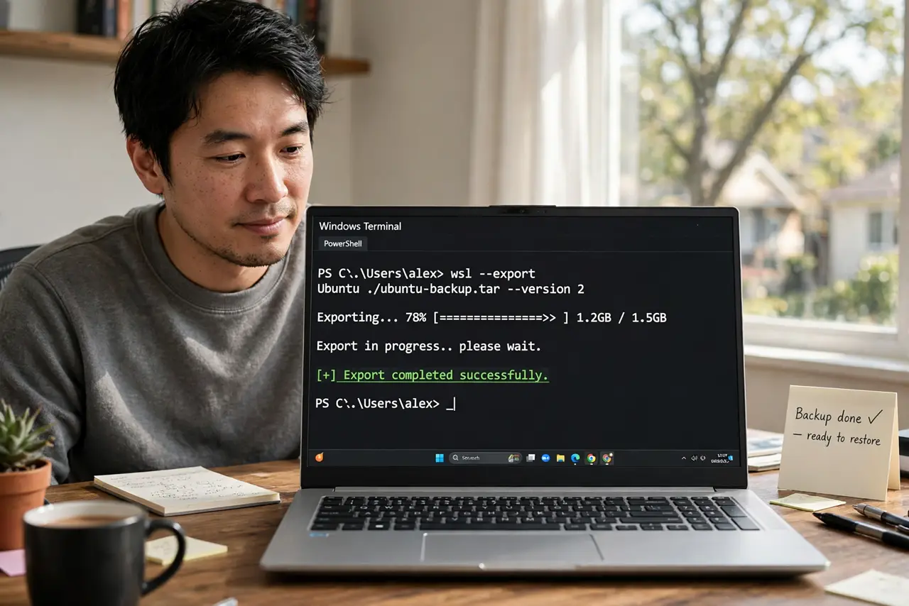 A person at a desk with a real PC showing Windows Terminal with a legible wsl --export command running, the person's face relieved and careful, home office..