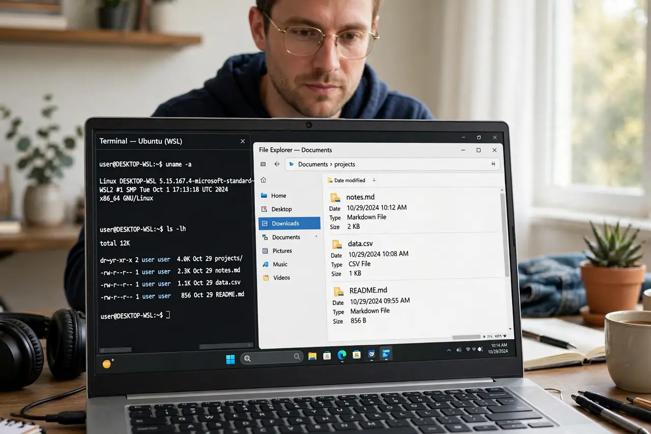 a person at a real Windows PC, the screen showing a terminal window with legible Linux command output beside a Windows File Explorer window, the person's face engaged, home office.