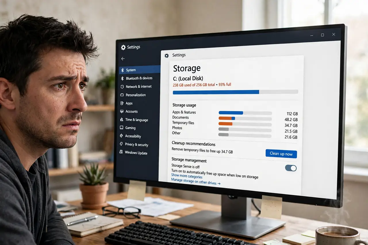 A person at a real Windows 11 PC looking concerned at a storage settings screen showing a nearly full drive, fully legible, the person's face worried, home office.
