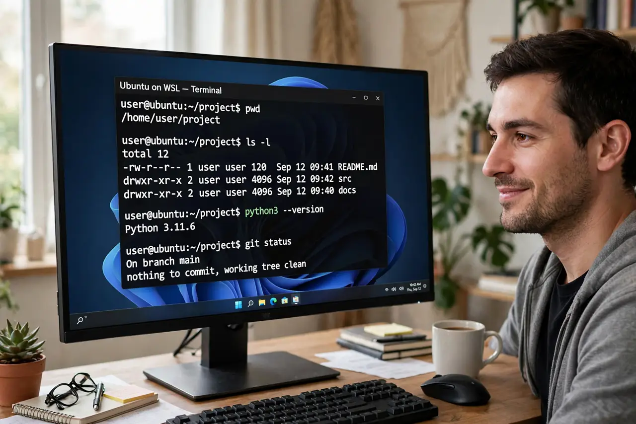 A person at a real Windows 11 PC, the monitor showing a Linux terminal window with commands and output fully legible, the person's face focused and slightly pleased, home office.
