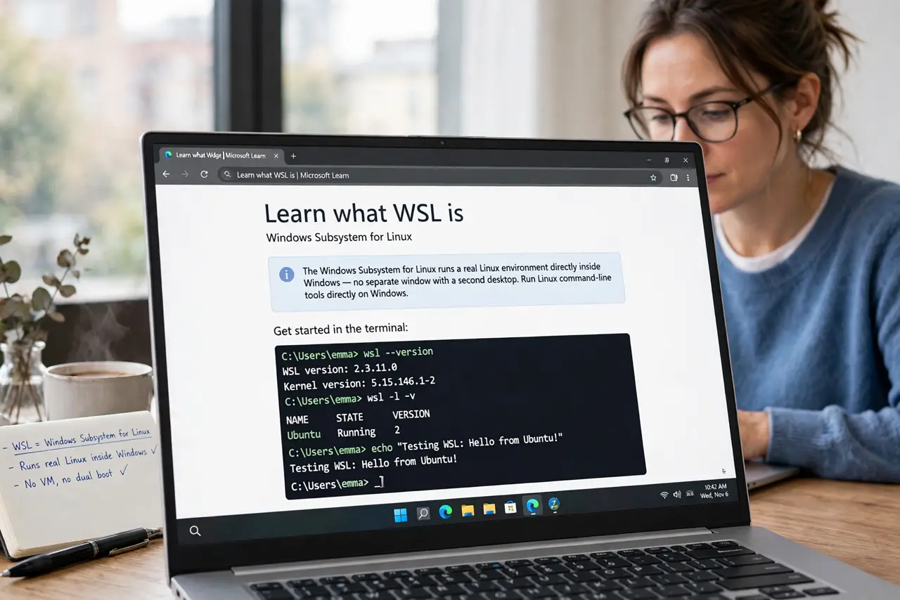 A person performing step 1: Learn what WSL is. The Windows Subsystem for Linux runs a real Linux environment directly inside Windows — no .