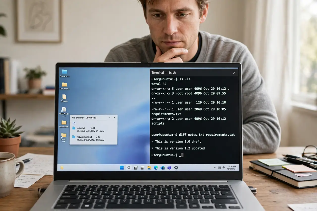 A person at a real Windows PC, the monitor showing a legible split view with a Windows desktop on one side and a Linux terminal on the other,.
