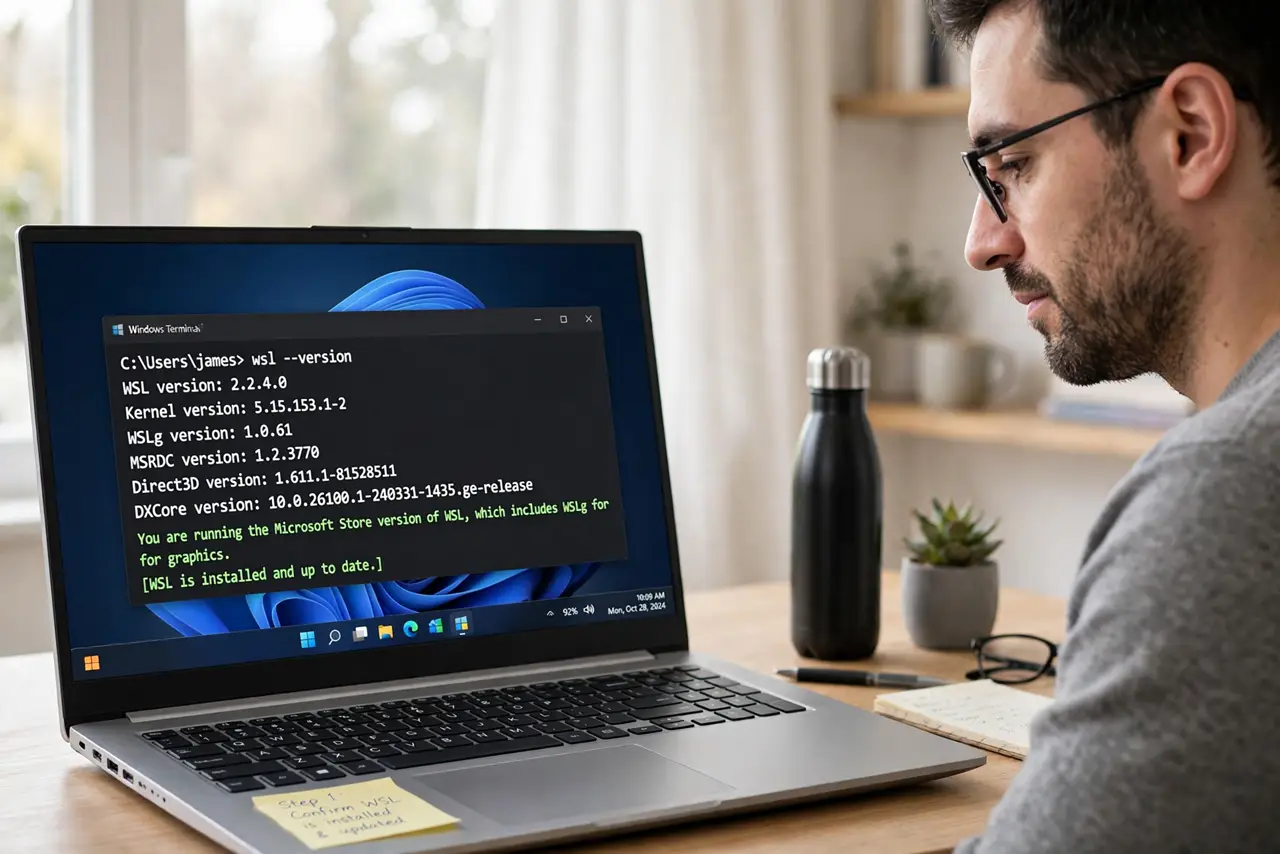 Photoreal photo of a person performing the first step: Confirm you have WSL installed and updated. Open a terminal and run wsl --version. You want the