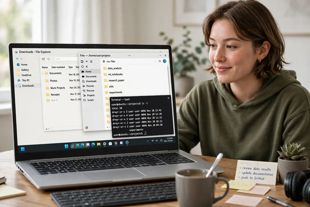 Photoreal photo: a person at a Windows PC desk with a real monitor showing a Linux graphical app window (a file manager with legible folder names) open next to Windows apps, a terminal visible, the person's face curious and satisfied.