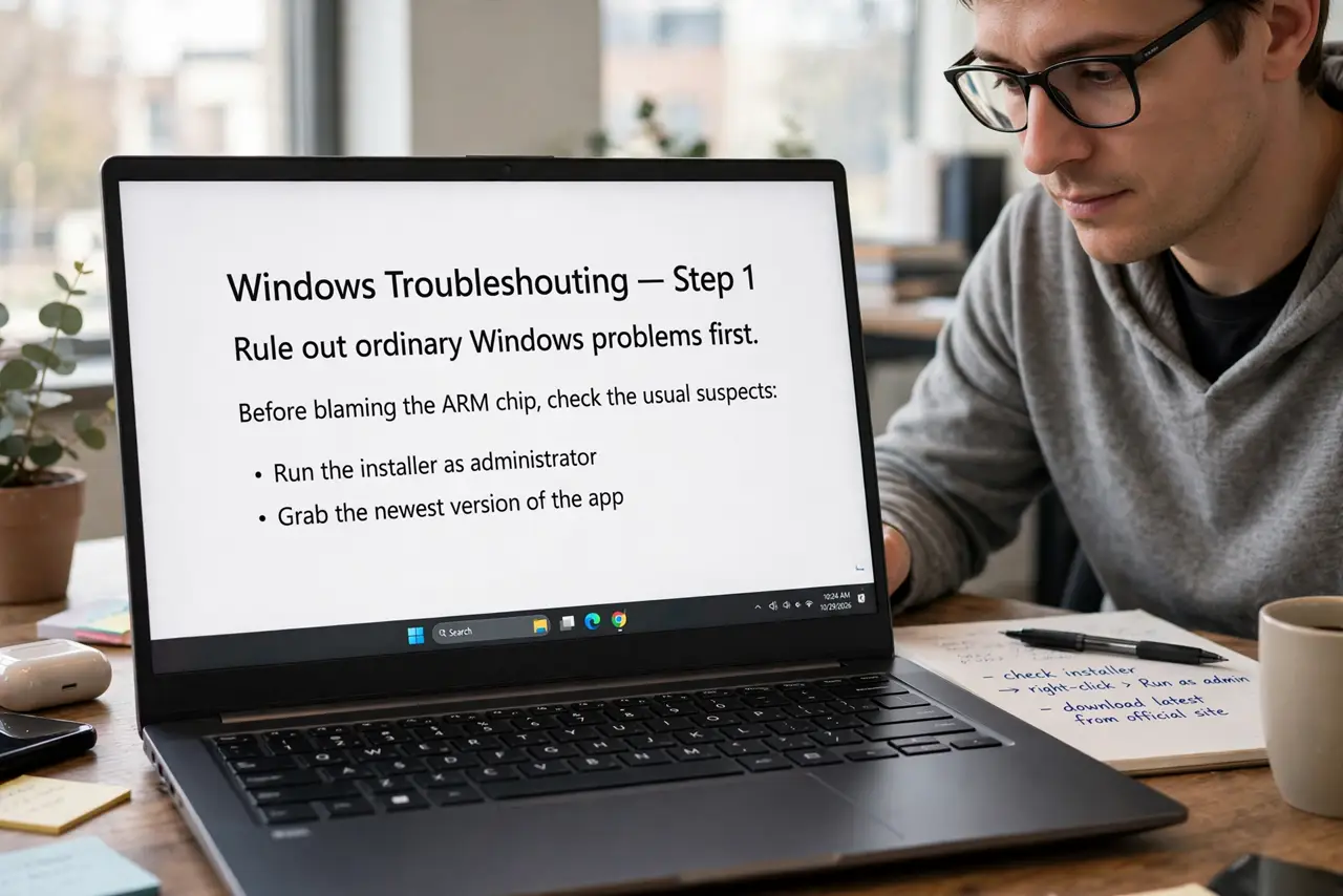 A person performing the guide's first step: Rule out ordinary Windows problems first. Before blaming the ARM chip, check the usual suspects: run the installer as administrator, grab…