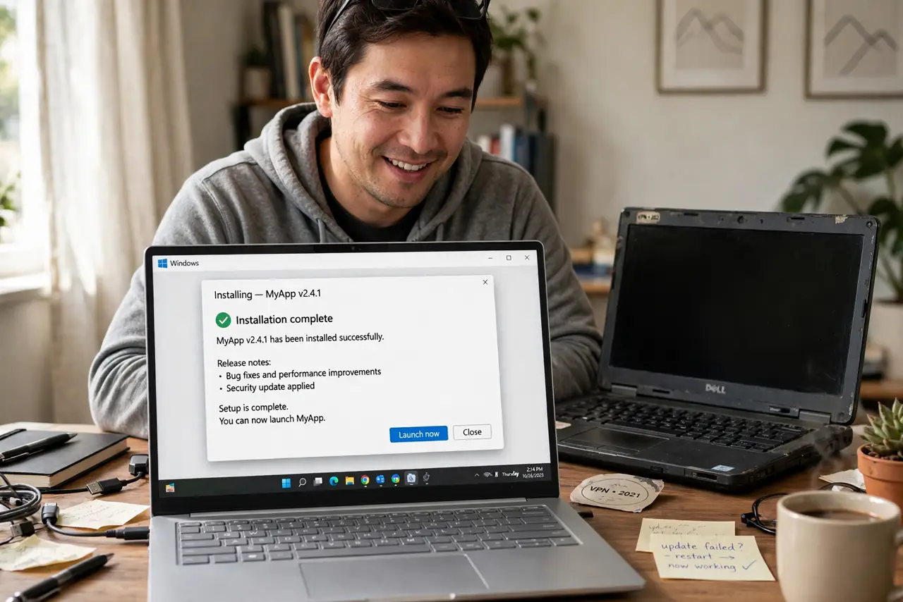 A person at a desk with a real modern thin laptop showing a program installer window with legible text on screen, a second older laptop beside it, the person's face going from frustrated to relieved,….