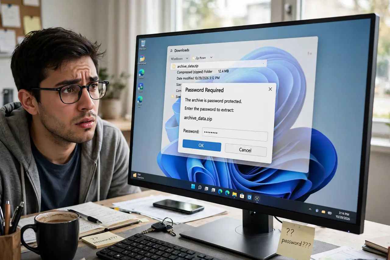 A person staring at a password prompt dialog over a zip file on a real Windows PC monitor, the prompt text fully legible, the person's face puzzled, desk.
