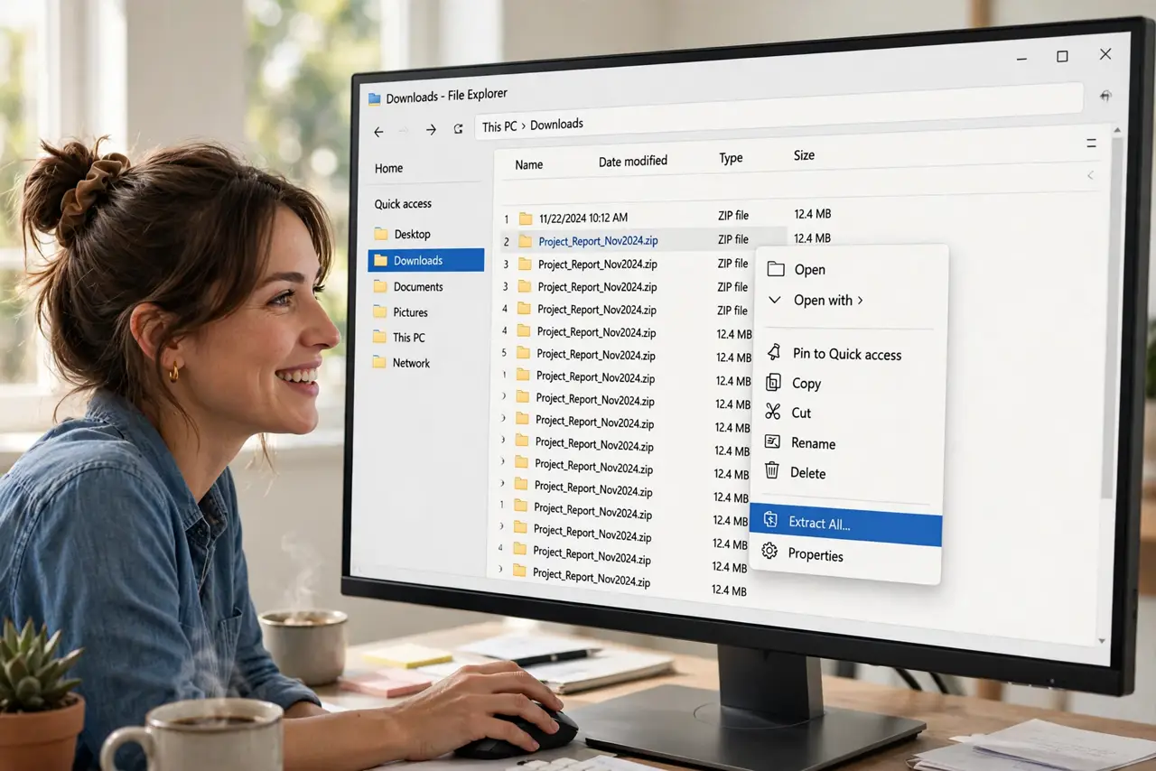 A person right-clicking a zip file in File Explorer on a real Windows PC monitor showing the context menu with Extract All fully legible, the person's face relieved.
