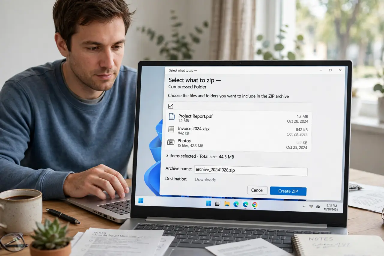 A person calmly performing the guide's first step: Select what to zip.