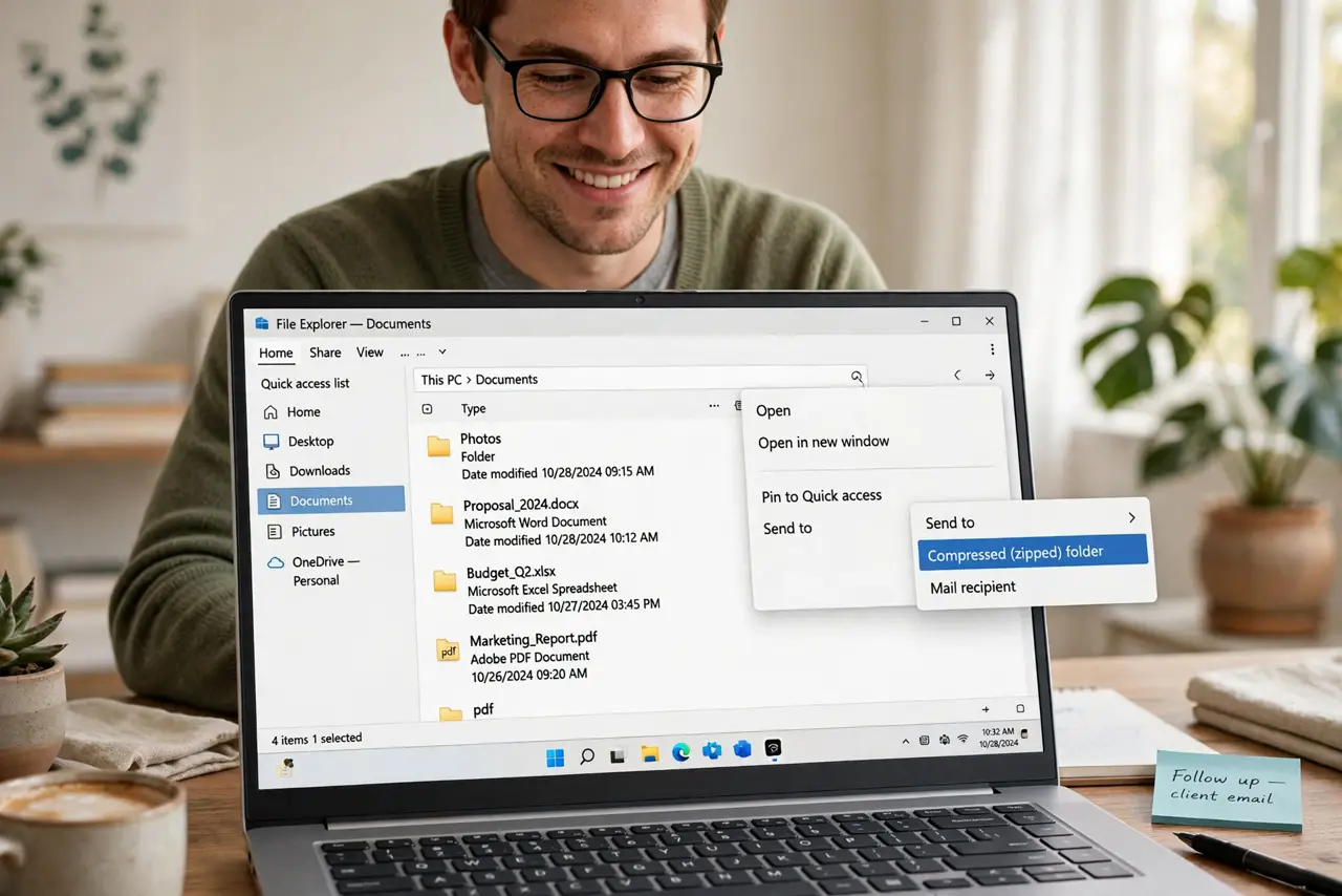 a person using a real Windows laptop showing File Explorer with the right-click Send to Compressed folder menu open, the person's face satisfied, bright home office. No black scree.