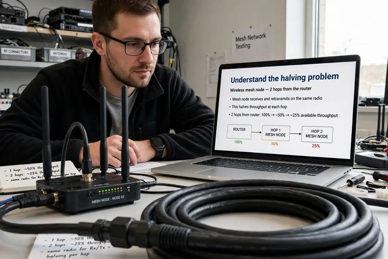 A person performing step 1: Understand the halving problem. A wireless mesh node must receive and retransmit on the same radio, which roug.