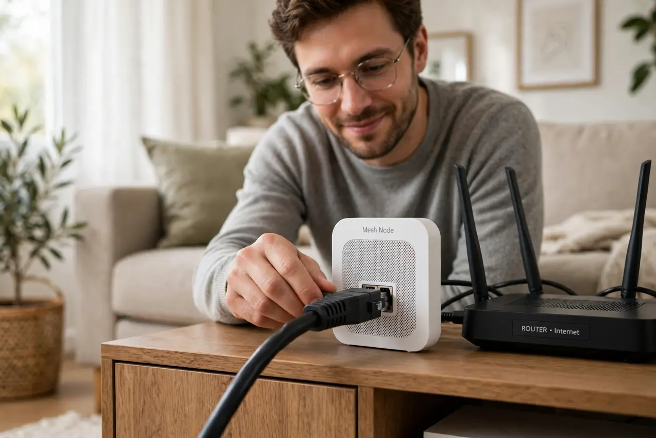 A person plugging a real ethernet cable into the back of a real mesh Wi-Fi node next to a router, cables tidy, the person's face satisfied, living room.