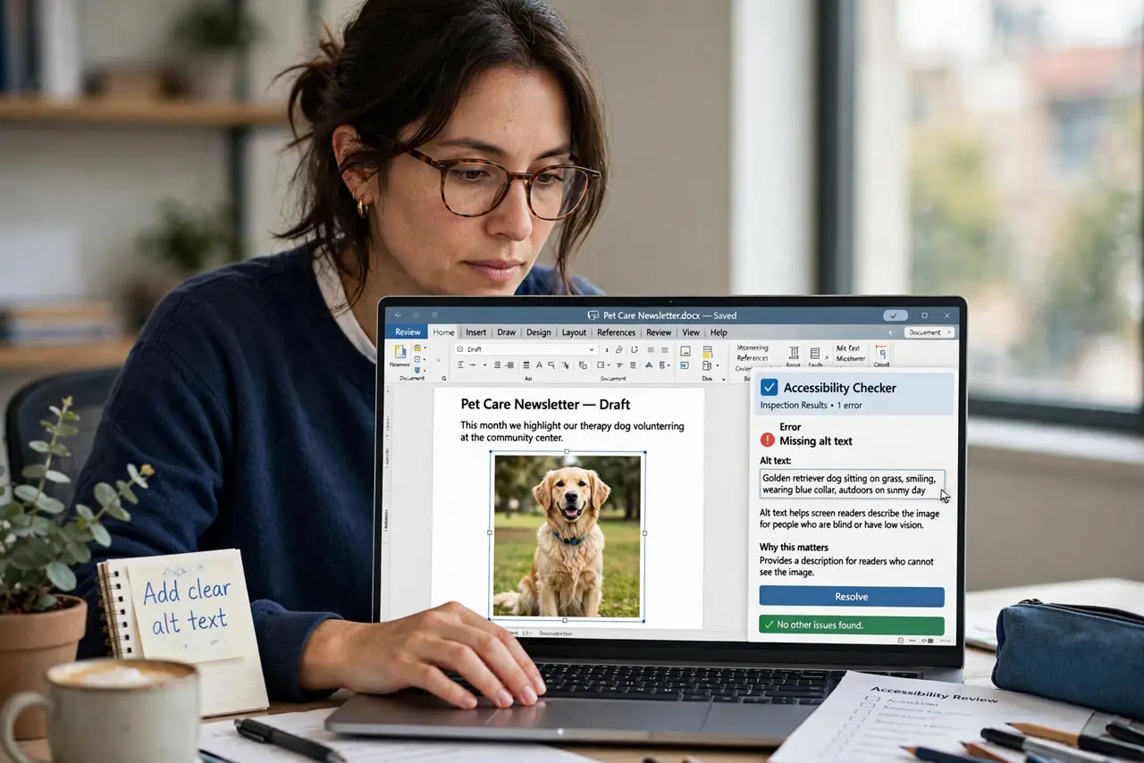 a person running the Accessibility Checker in real Word with legible results pane, fixing an image alt text field, the person's face earnest, office desk.