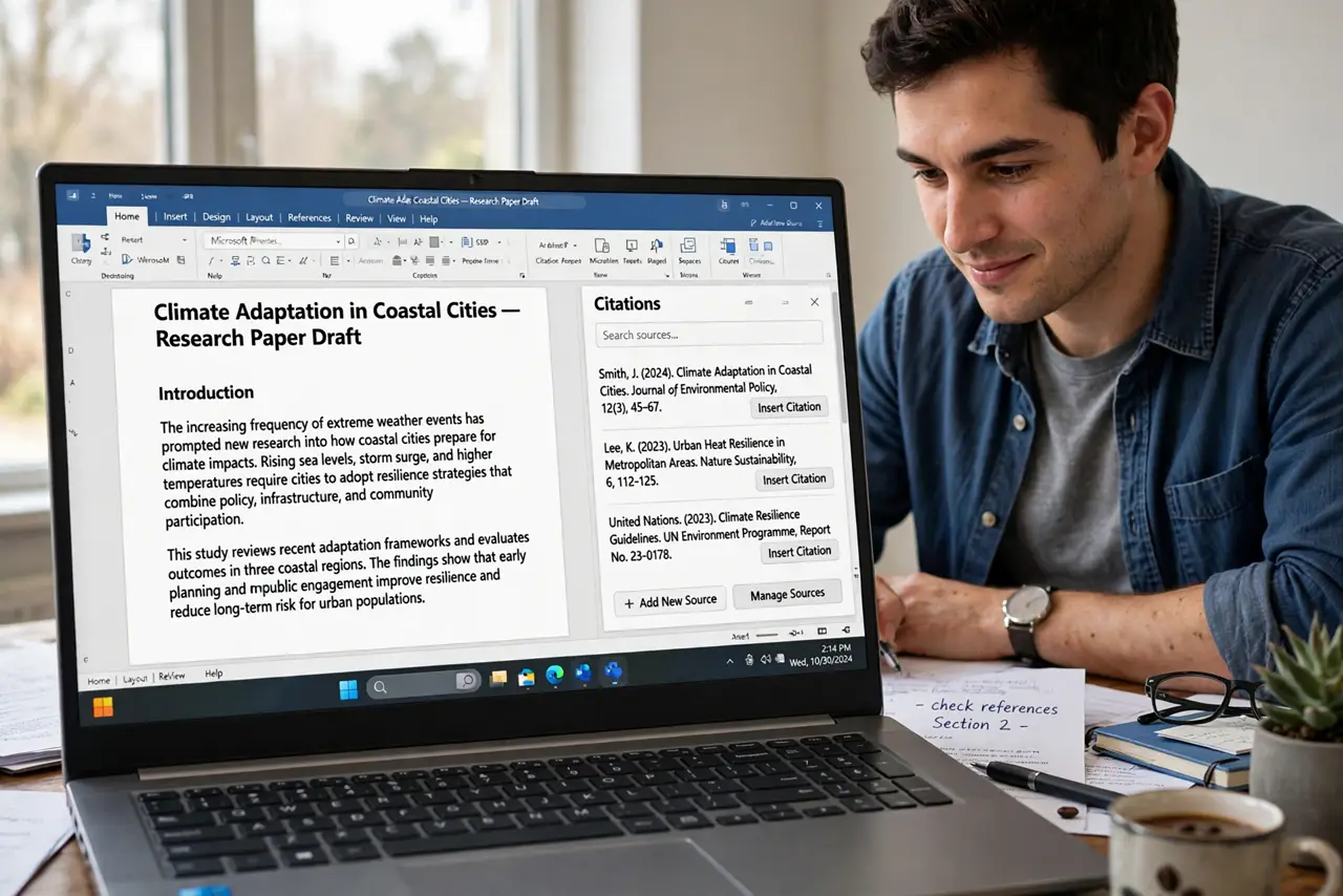 A person writing a real research paper in Word on a real laptop, the Citations pane open showing source entries with legible text, the person's face relieved…