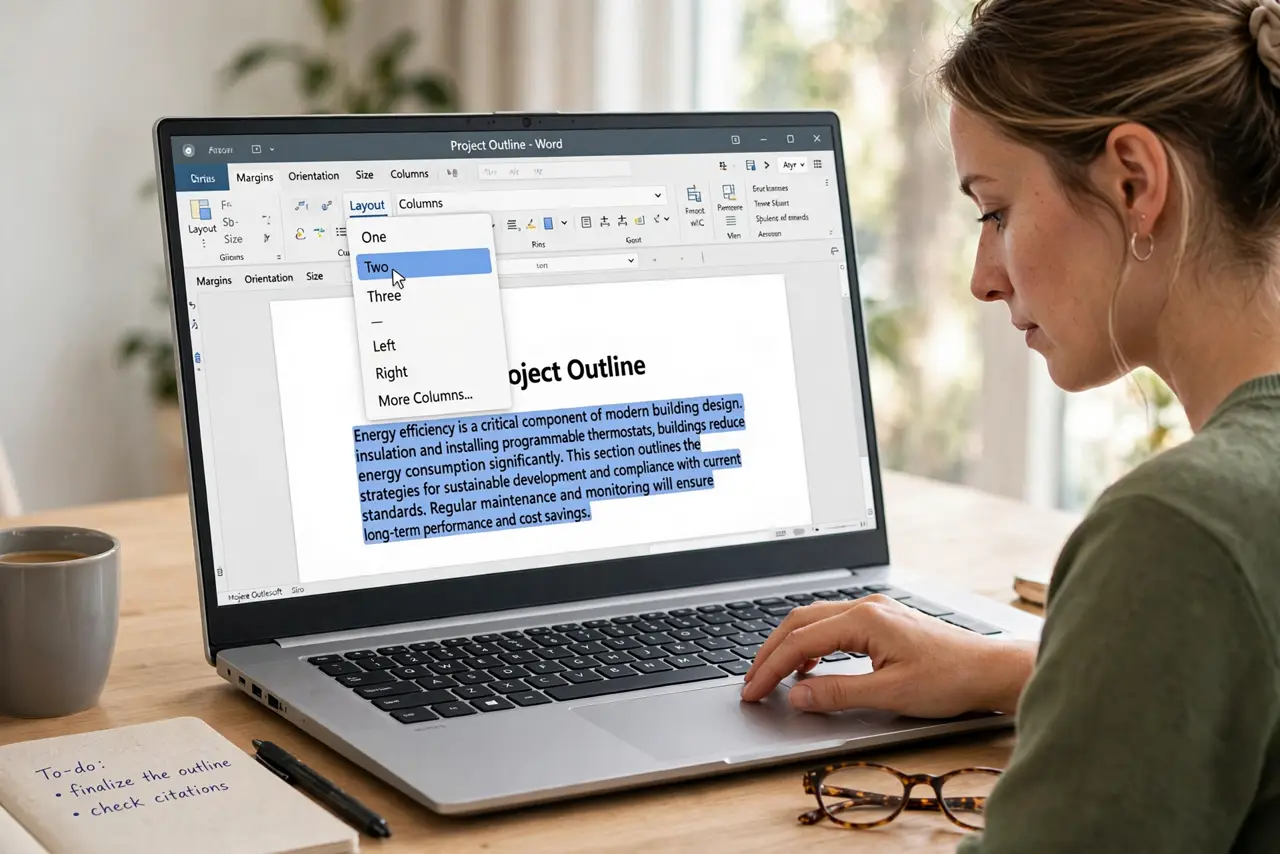 A person carrying out step one: apply columns to selected text.