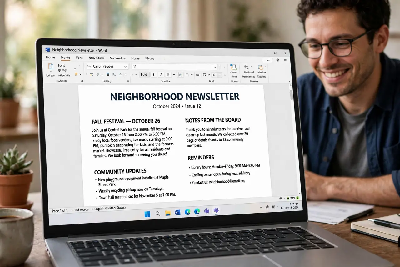 A person viewing a real Word document with two-column newsletter layout, text flowing neatly with legible headlines, the person's face pleased with the layout.