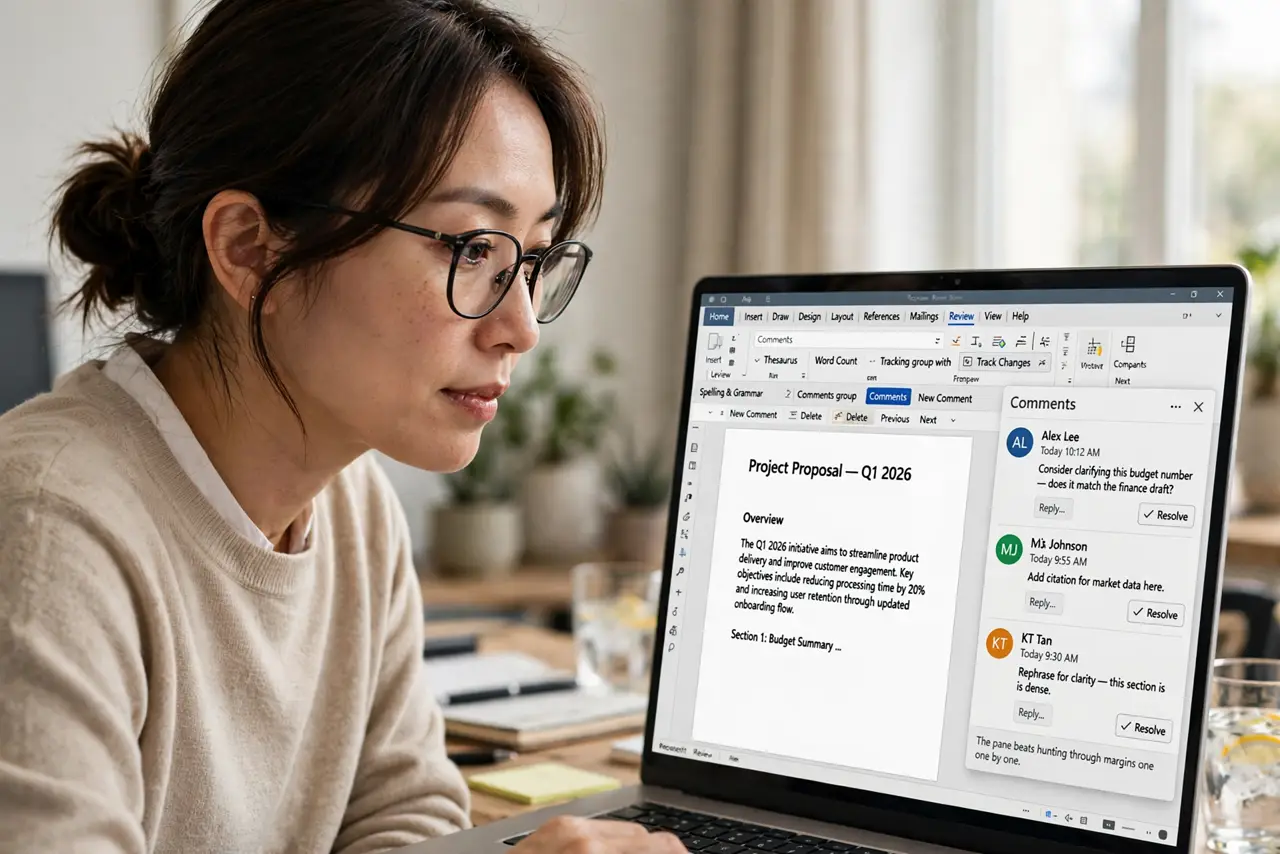A person performing the first step of the guide: Open the Comments pane.